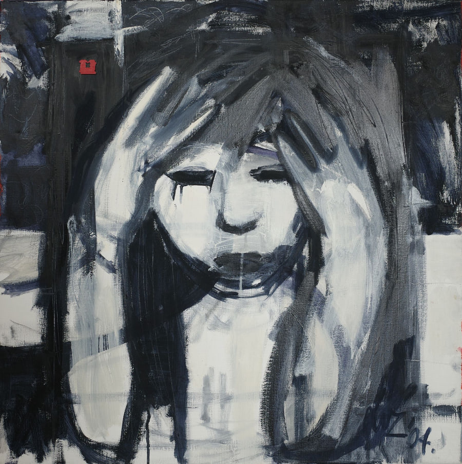 Artist Block: a black-and-white face with closed eyes, a hand pressed to the forehead under dark hair.