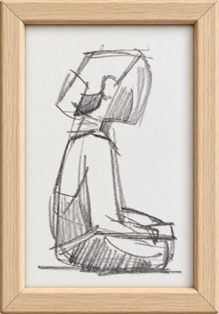 A pencil sketch of a seated figure in a light oak frame.