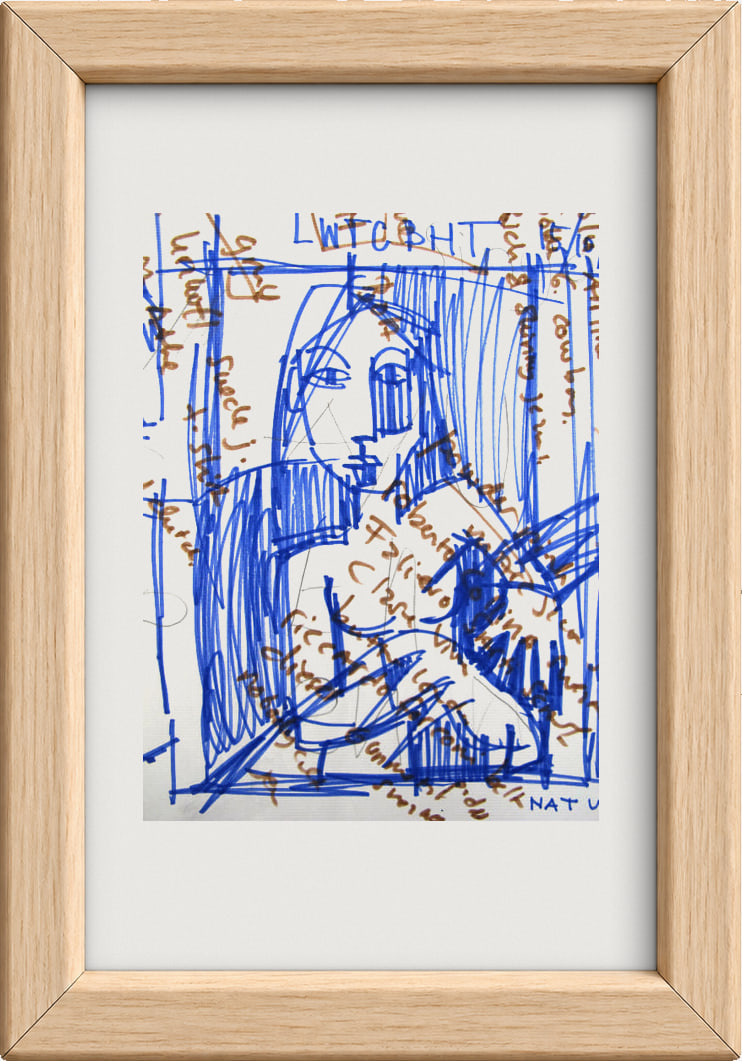 A blue pen sketch of a long-haired woman, overwritten in brown ink, in a light oak frame.