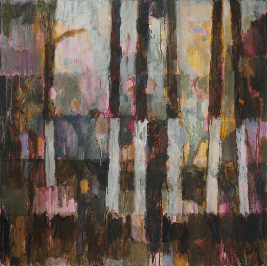 White Trees: a row of tree trunks painted white at the base, in browns, pinks and pale yellow.