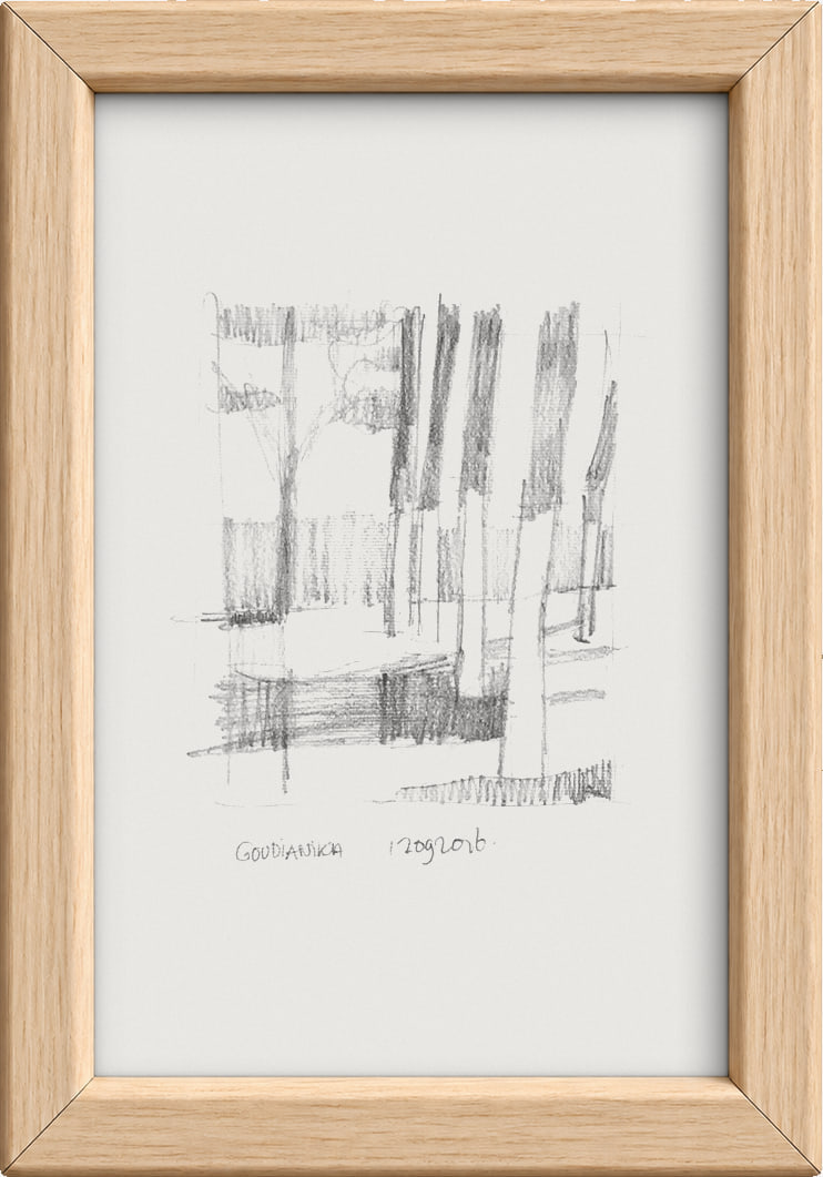 A pencil study of a row of tree trunks, dated September 2016, in a light oak frame.
